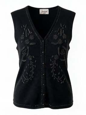 Vintage Jessica Petite Black Beaded Floral Sweater Vest Button Up Front Size M